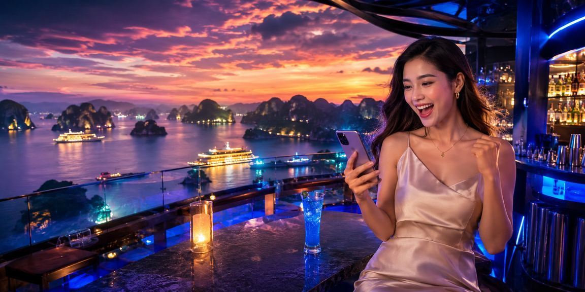 Người dùng Hạ Long theo dõi thống kê thể thao trên điện thoại tại bờ vịnh